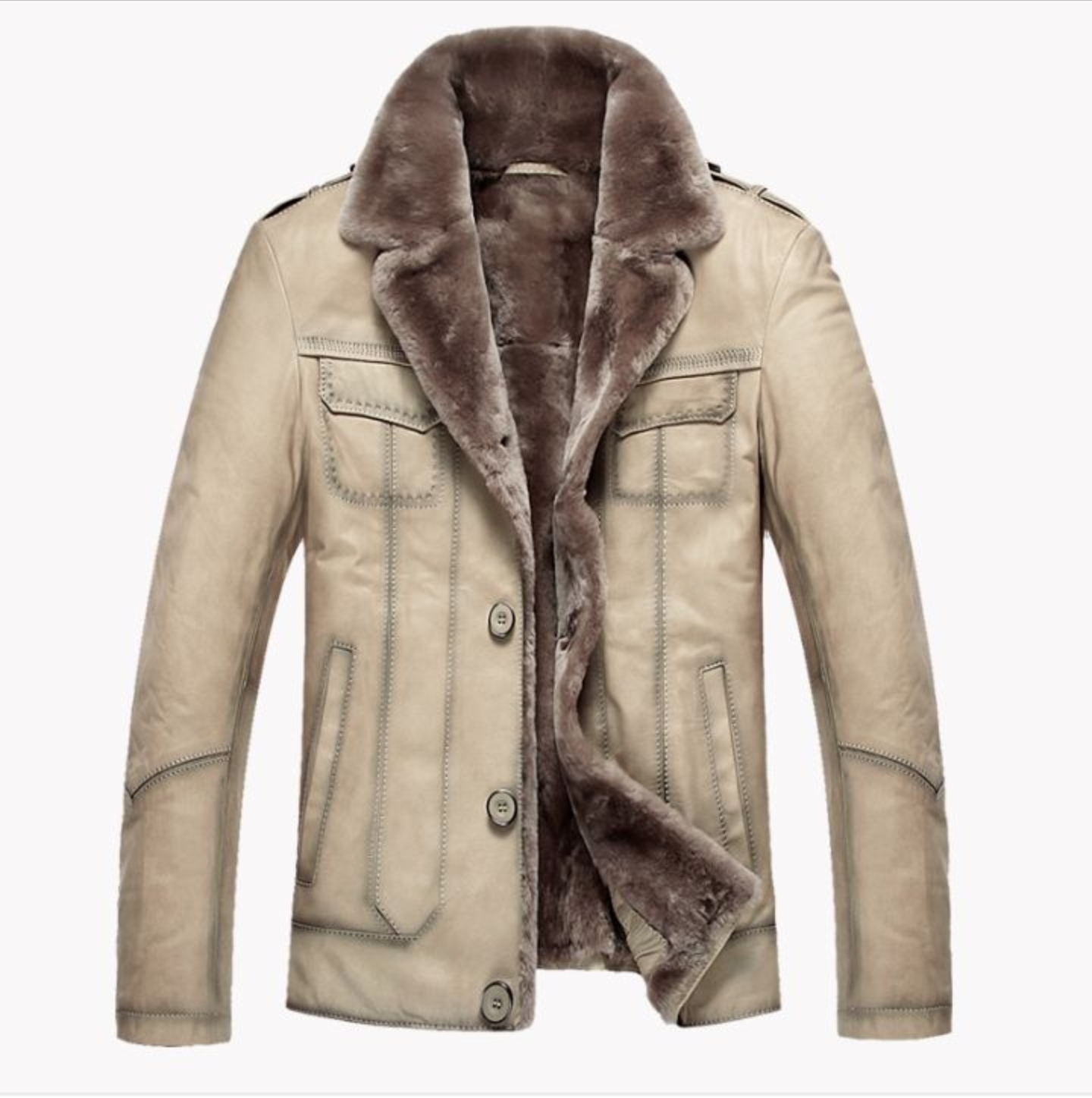 Krem Renk Kürklü Deri Mont